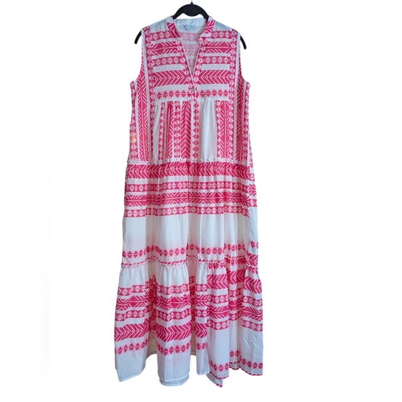 🌸 Collection by Cezele Pink & White Geo Print Tiered Midi Dress - Size Small - Picture 3 of 7